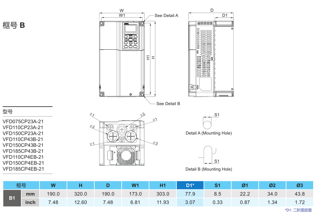 75kW臺達(dá)變頻器VFD750CP23A-00的安裝尺寸